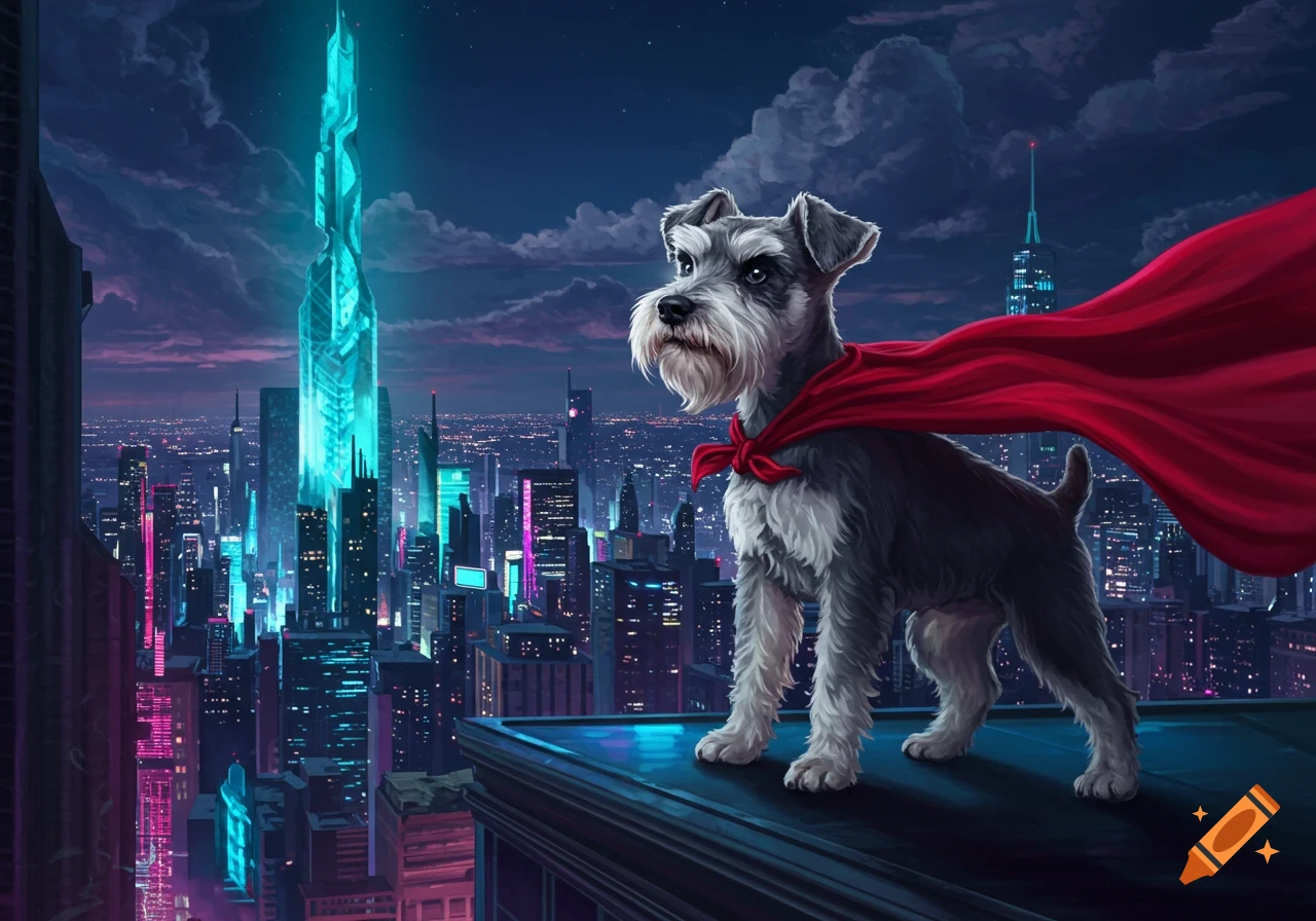 A miniature schnauzer superhero dog wearing a red cape stands on a city skyscraper at night with futuristic, neon-lit buildings.