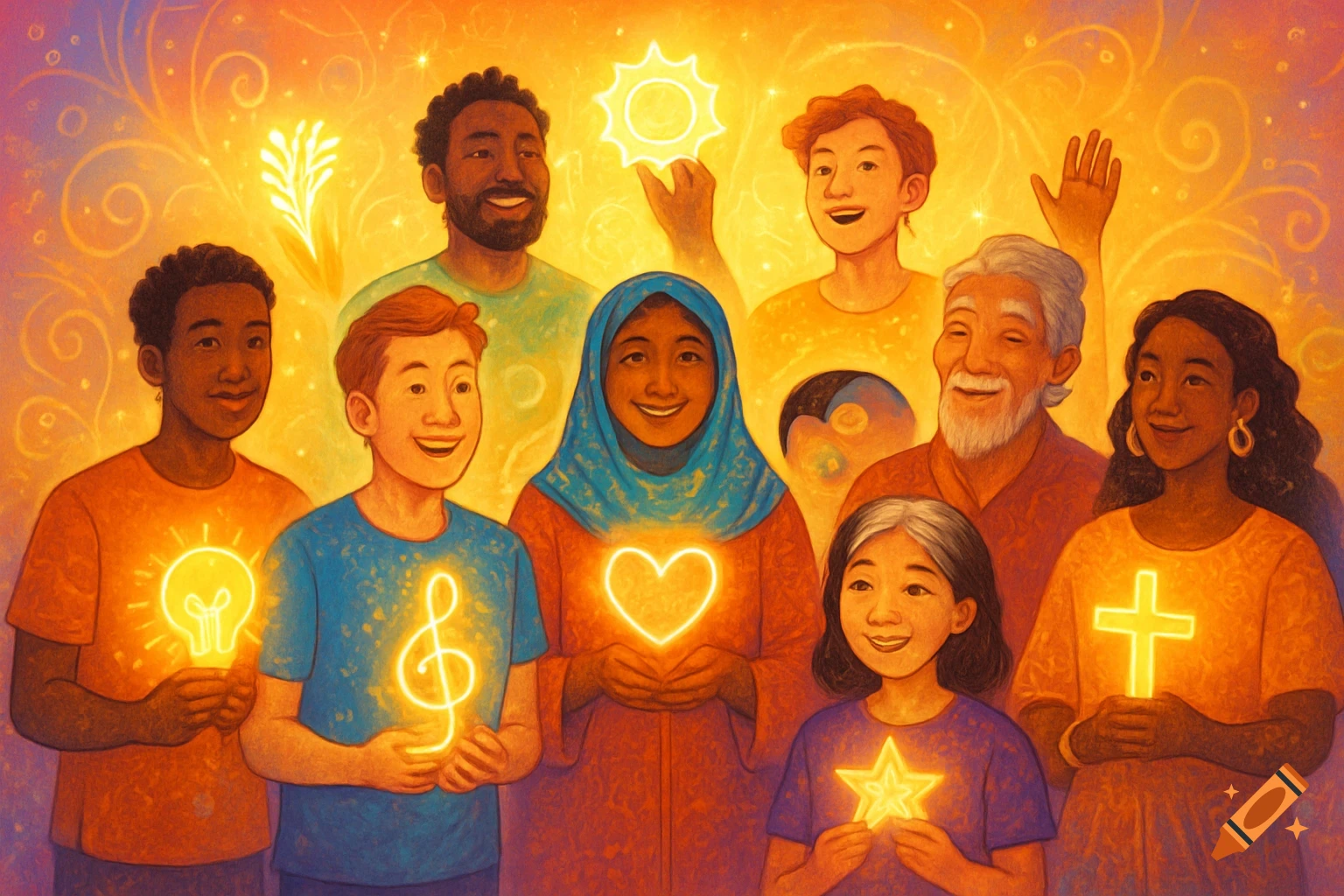 A diverse group of people of various ages and ethnicities stand together, smiling, holding glowing symbols like a lightbulb, treble clef, heart, sun, star, and cross against a warm, glowing background with decorative swirls, in a stylized illustration.