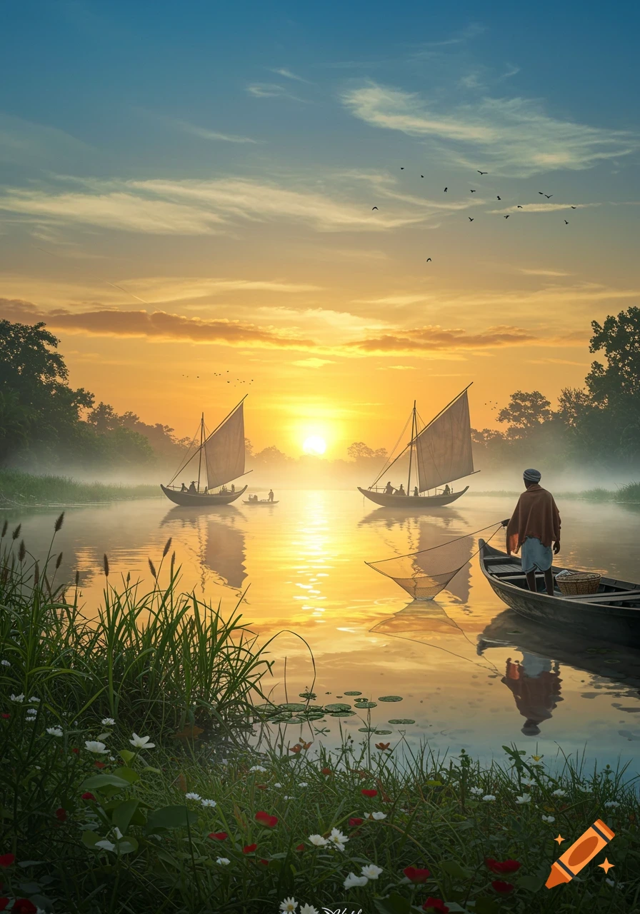 Photorealistic image of boats and a fisherman on a misty river at sunrise, surrounded by lush greenery.
