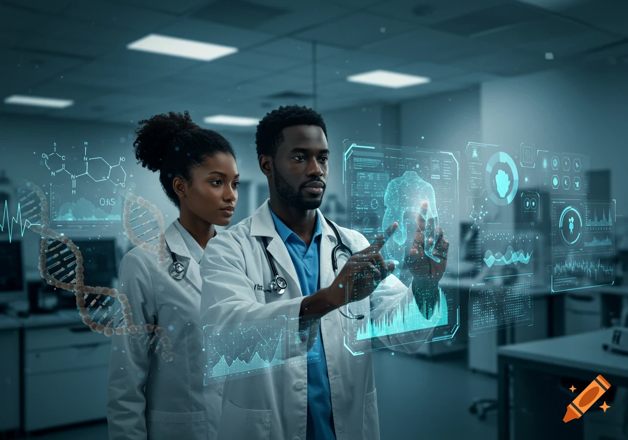 Two Black doctors in lab coats interact with a holographic display showing medical data, DNA, and chemical structures in a high-tech lab.