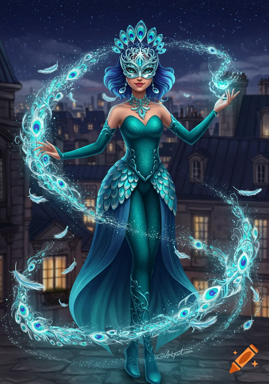 A woman in a vibrant teal peacock costume and mask stands on a rooftop at night, surrounded by glowing feathers. Digital illustration.
