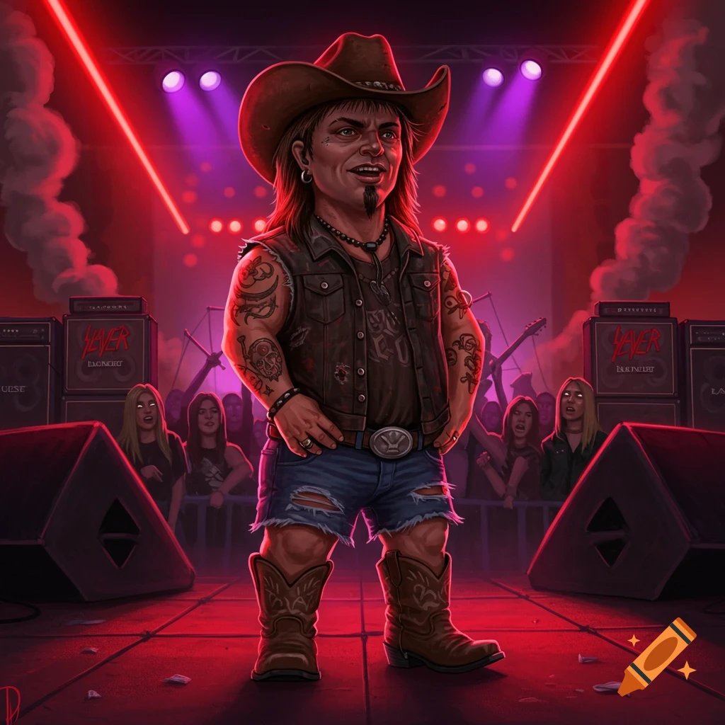A cartoon midget character with a cowboy hat, mullet, tattoos, and ripped shorts stands on a stage at a concert, bathed in red lights.