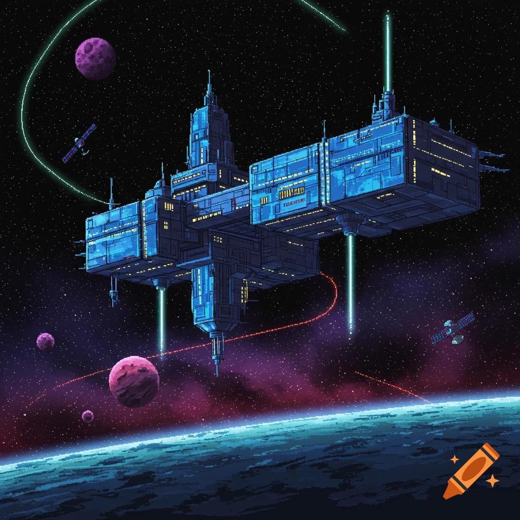 A vibrant blue pixel art space station orbits a large teal and purple planet, surrounded by smaller pink planets and stars.