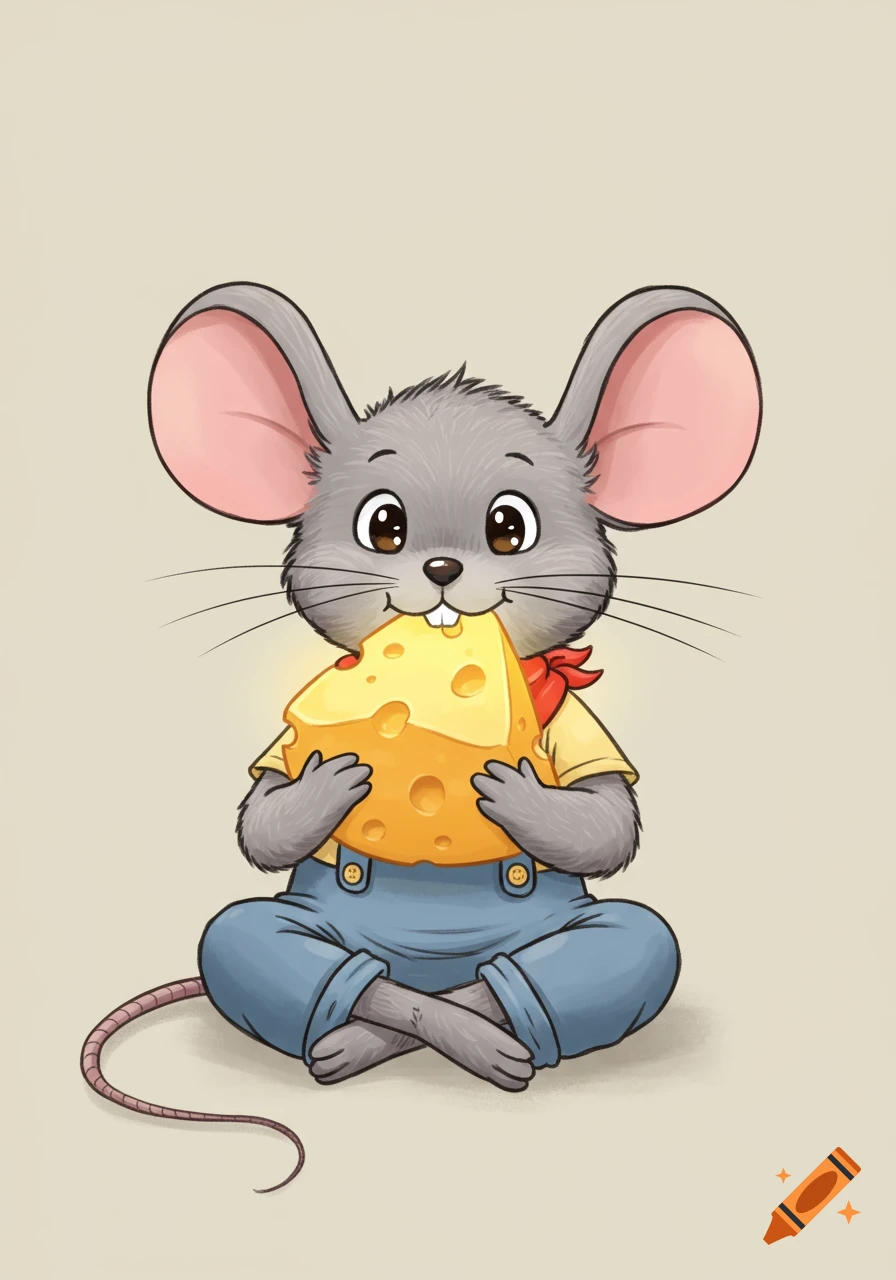 A happy cartoon mouse in blue overalls sits cross-legged, eating a big piece of cheese.