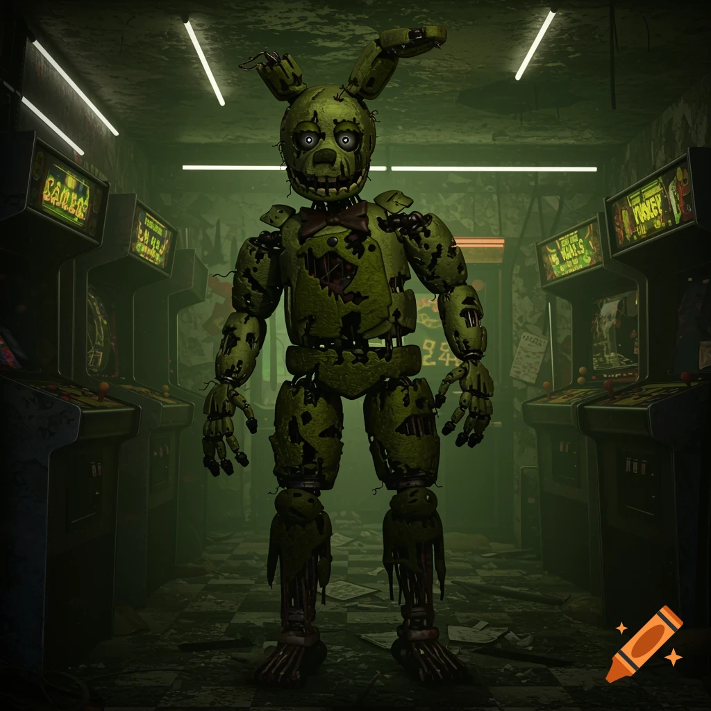 A creepy, tattered green animatronic rabbit with glowing eyes stands in a dark arcade.