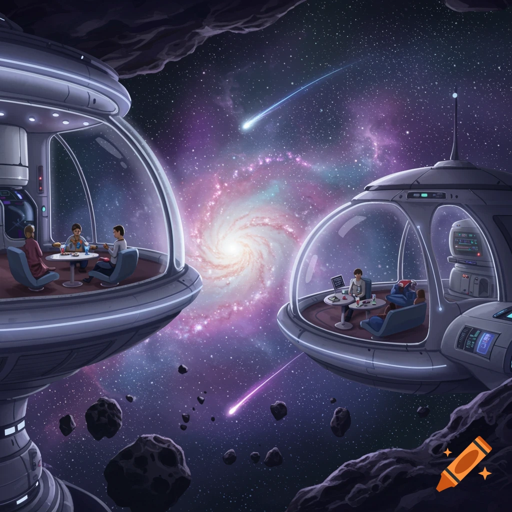 A futuristic space cafe featuring two transparent domes connected by structures, floating among asteroids and a vibrant nebula. Inside, people relax and interact.