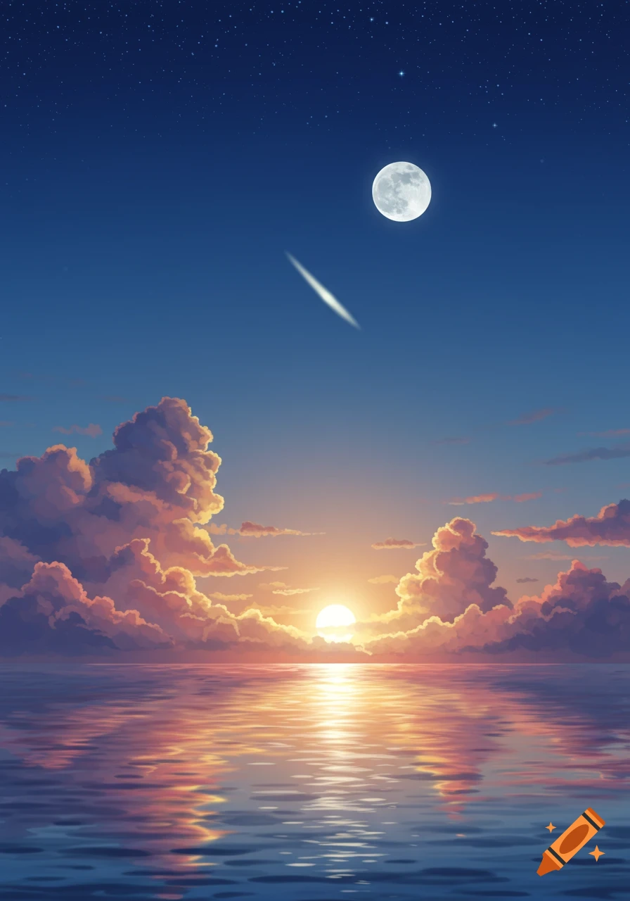 Anime-style landscape of a vibrant sunset or sunrise over calm water, with the sun, moon, and a shooting star in the sky.