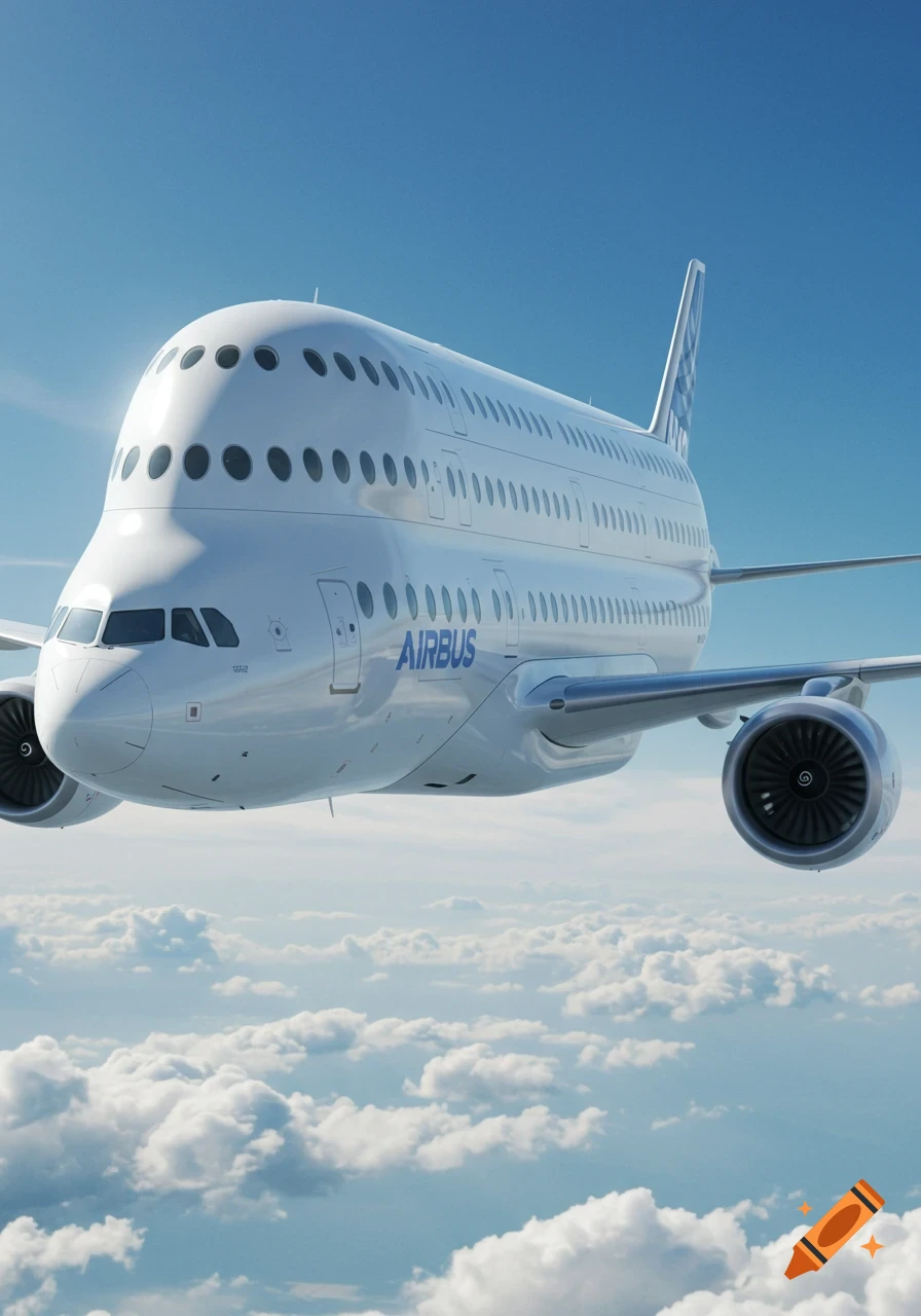 A large white triple-level commercial airplane with 'AIRBUS' written on its side flies through a clear blue sky above a layer of fluffy white clouds.
