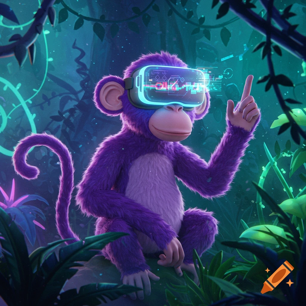 A purple cartoon monkey wearing a glowing virtual reality headset sits in a mystical jungle, pointing its finger.