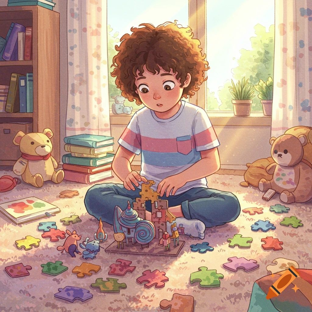 A young child with curly hair plays with building blocks on a sunlit rug surrounded by puzzle pieces and toys.