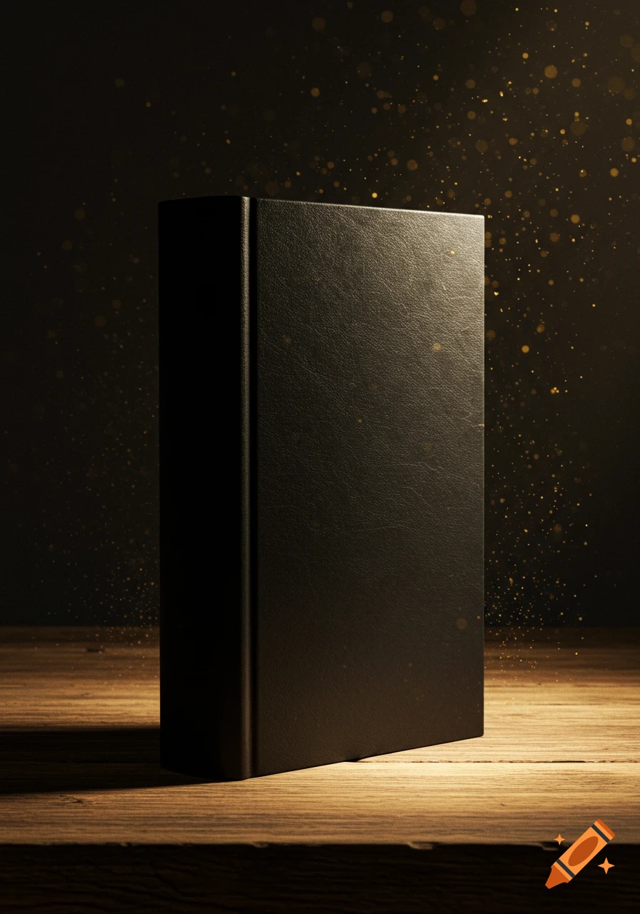 A black book standing upright on a wooden table, against a dark background with golden dust motes.