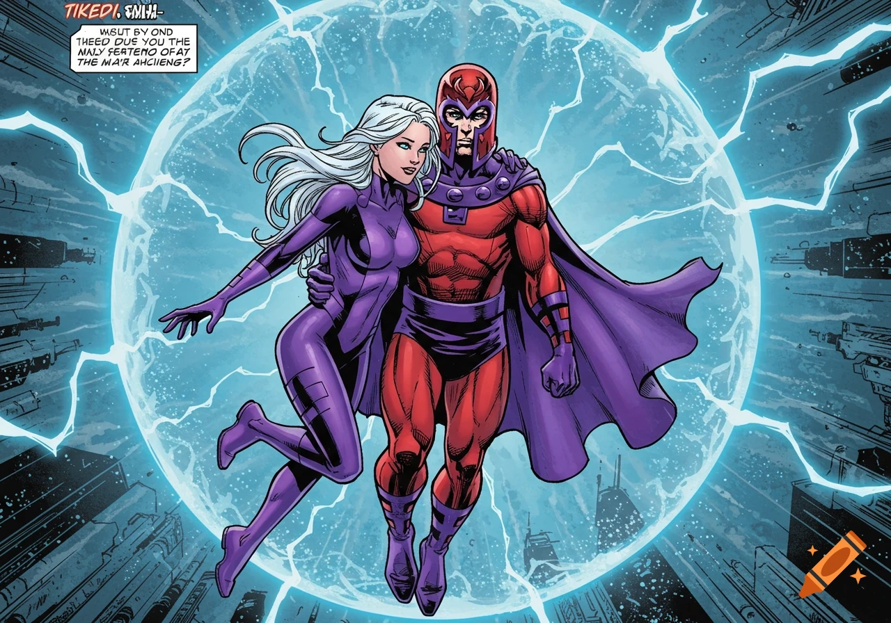 Magneto and a woman with white hair float within a blue force field against a cityscape, in a Marvel comic style.