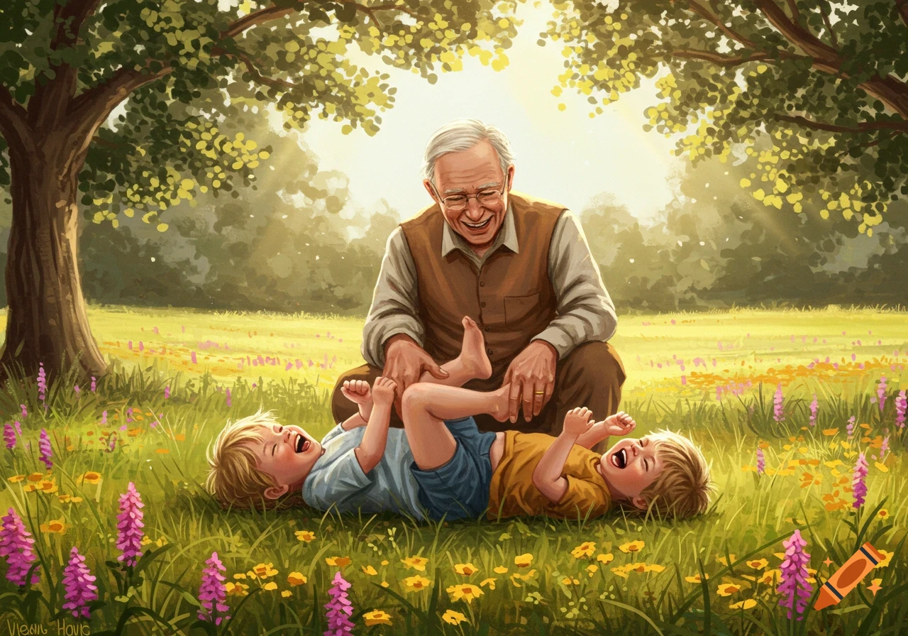 An illustrated scene of an old man tickling two laughing children lying on grass in a sunny meadow under a tree.
