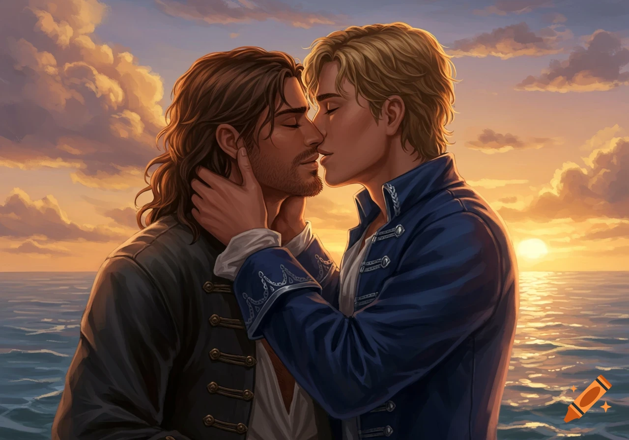 A digital painting of a pirate and a prince kissing tenderly at sunset over the ocean.