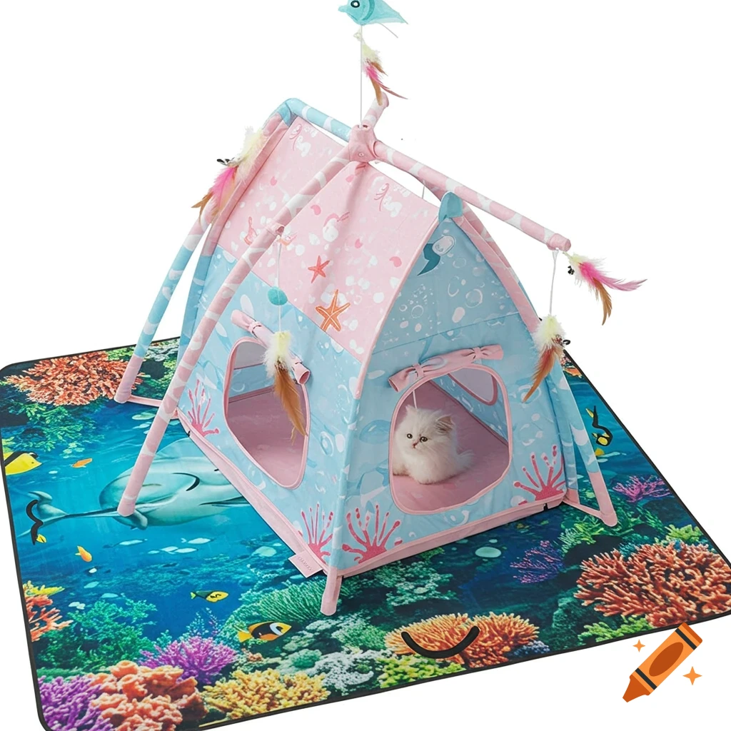 A white fluffy kitten peeks from a pink and blue play tent on an ocean-themed mat with coral and fish.