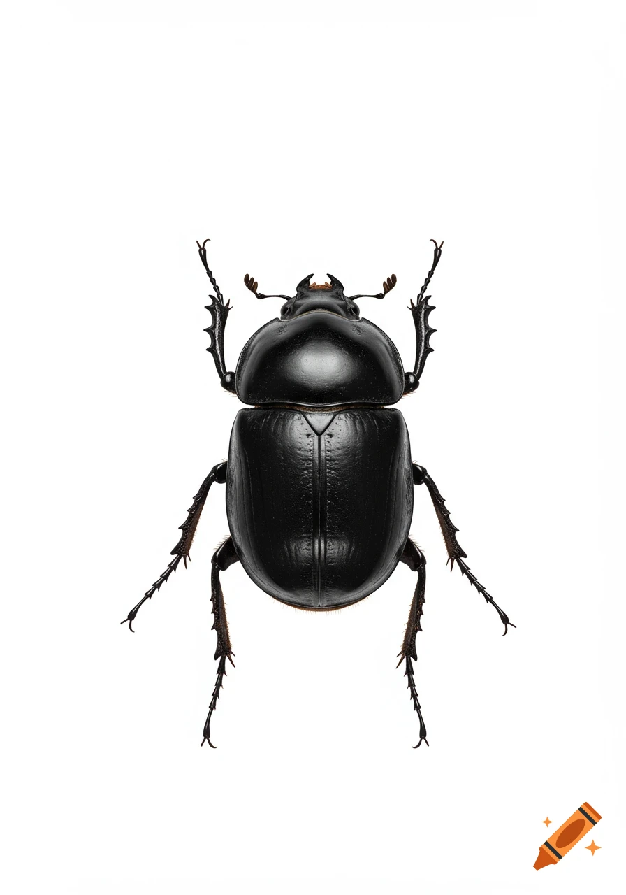 A top-down shot of a black beetle with a shiny back and visible legs on a white background.