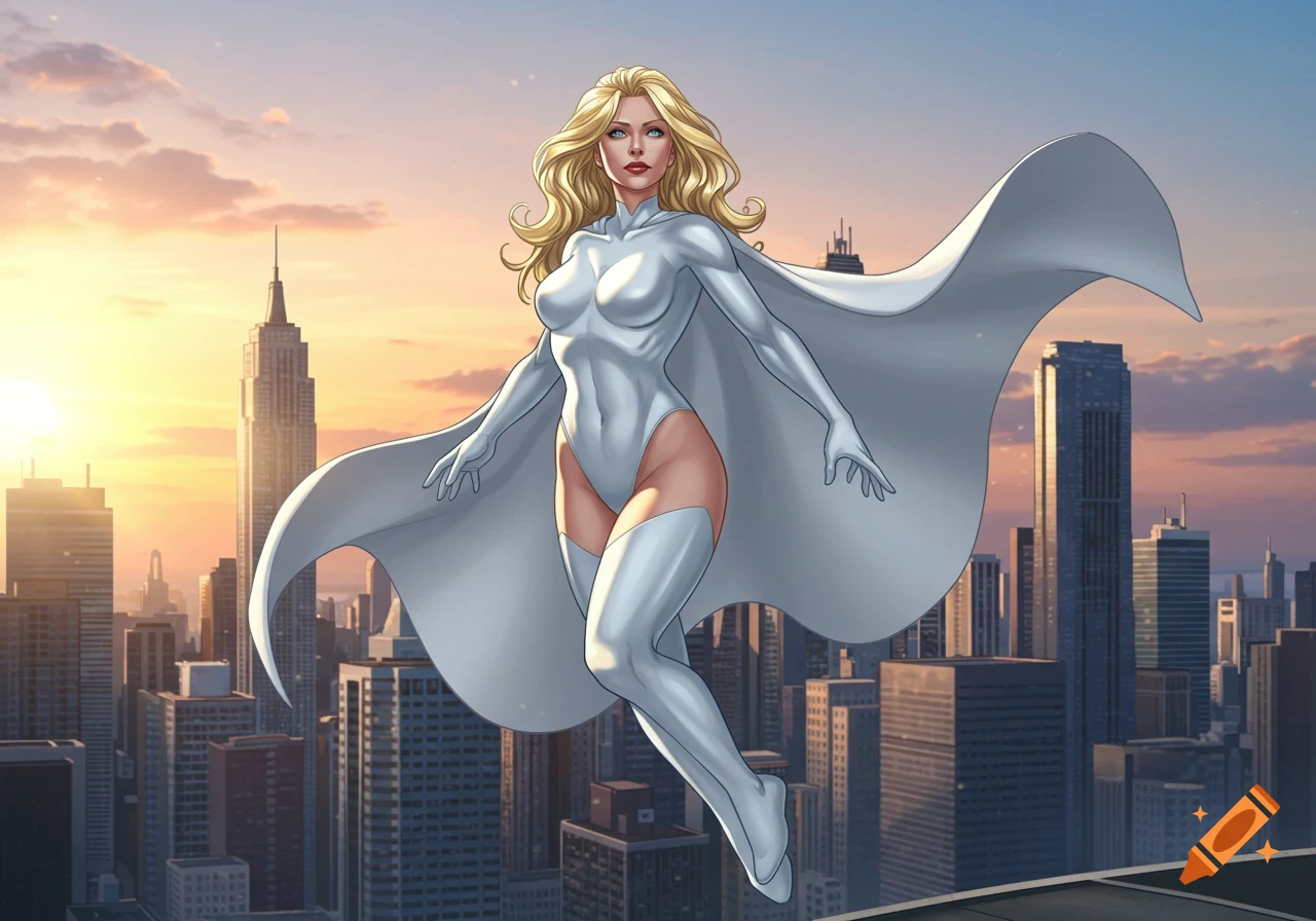 A blonde superheroine in a white one-piece suit and cape floats above a city skyline at sunset in a comic book illustration.