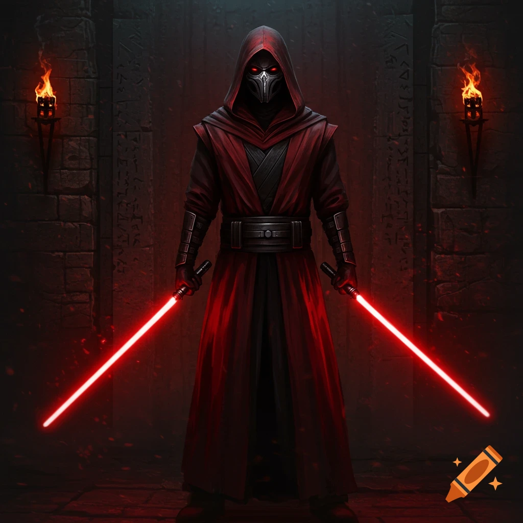 A masked figure in red robes with glowing red eyes stands in a dark stone chamber, holding two red lightsabers.