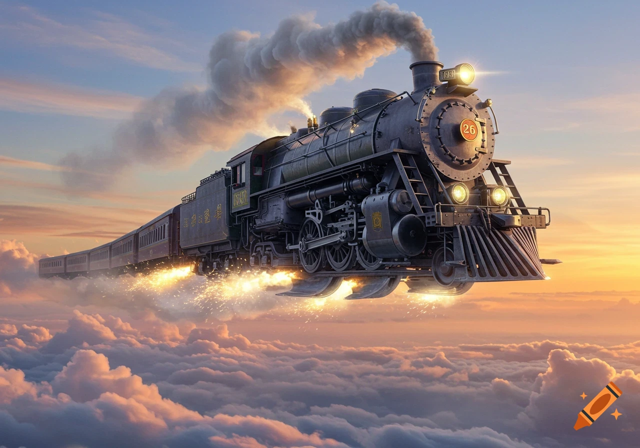 A photorealistic vintage steam train with large fins flies through a cloudy sky at sunset, emitting smoke and sparks.