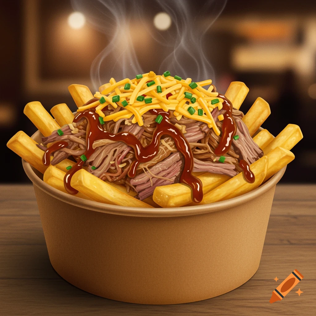 A close-up of a steaming bowl of pulled pork loaded fries, topped with shredded cheese, BBQ sauce, and green onions.