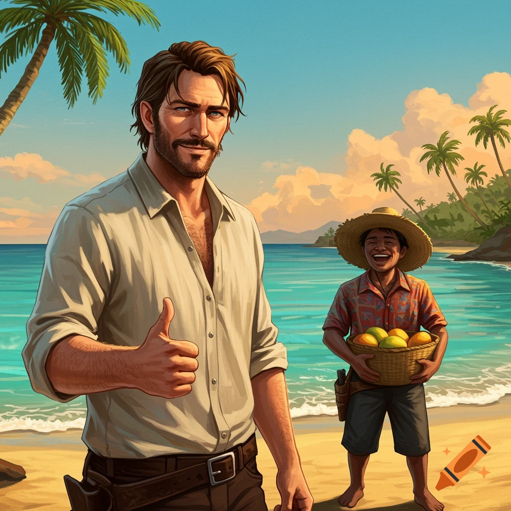 A man in a light shirt gives a thumbs-up on a tropical beach, next to a smiling farmer holding a basket of mangoes in an illustration style.