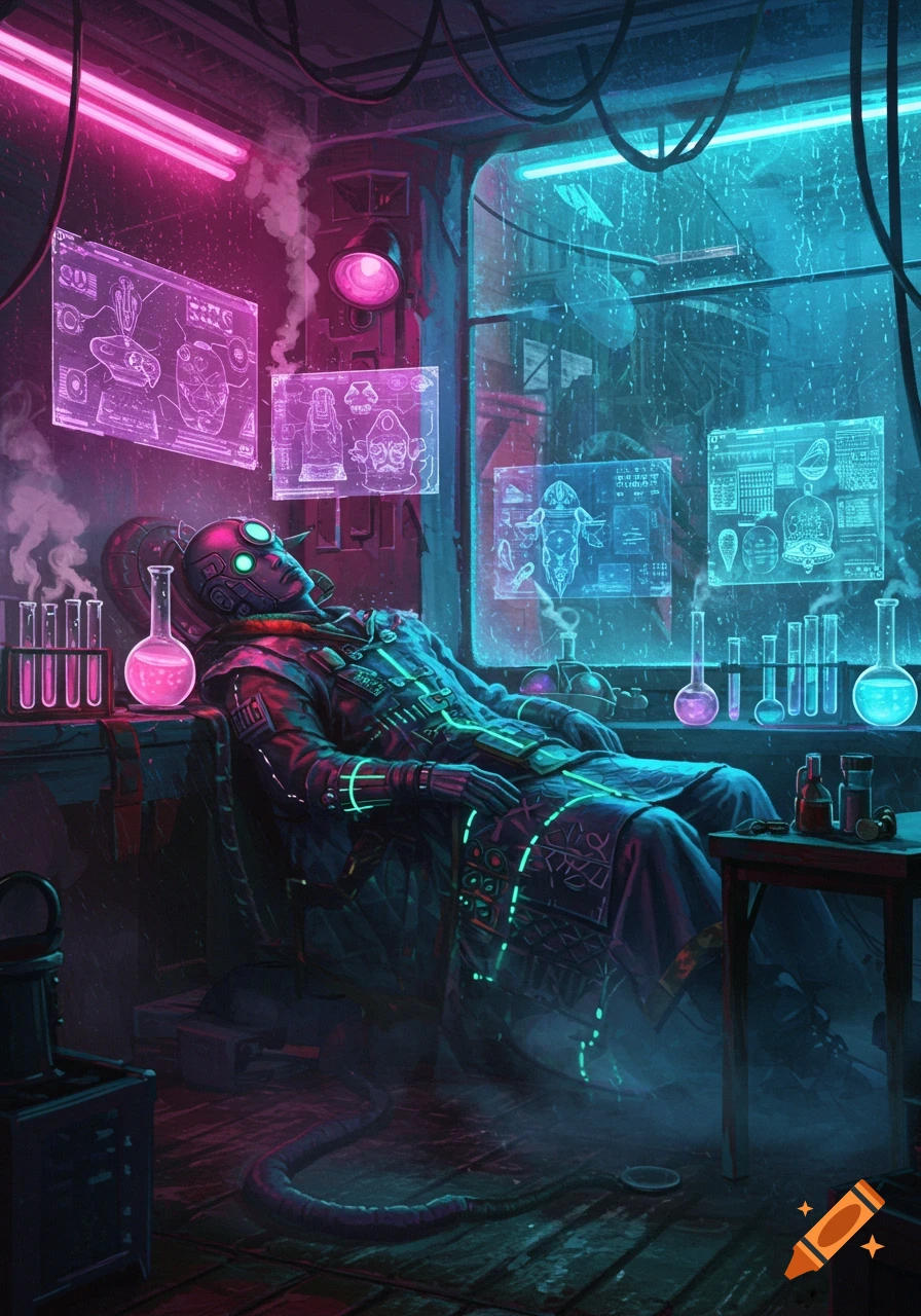 A cyberpunk alchemist sleeps in a neon-lit lab, surrounded by glowing flasks and holographic screens displaying intricate blueprints.