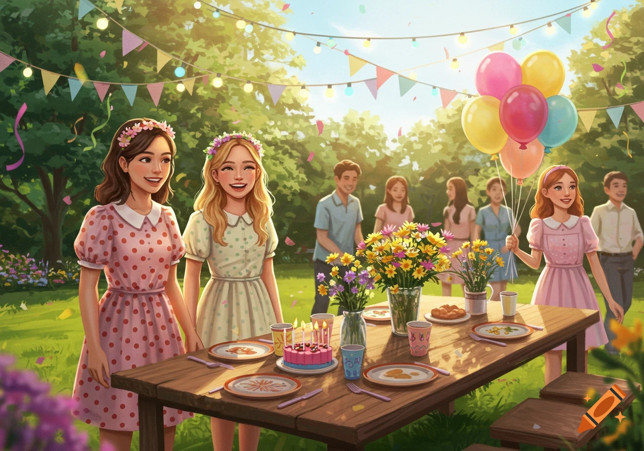 Two smiling girls stand by a decorated table with cake and flowers at a lively outdoor birthday party in a vibrant illustration.