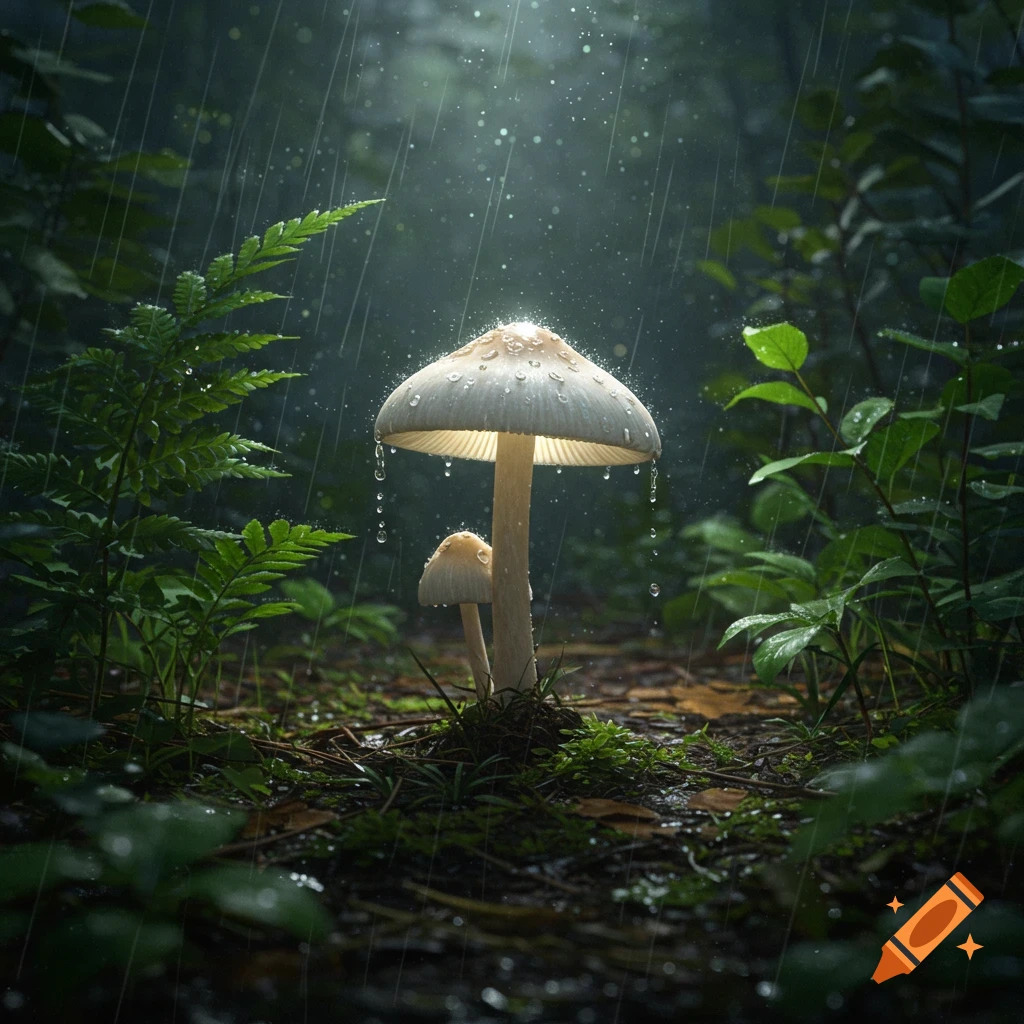 Two mushrooms under a gentle rain shower in a dark, lush forest, with light filtering through the canopy.