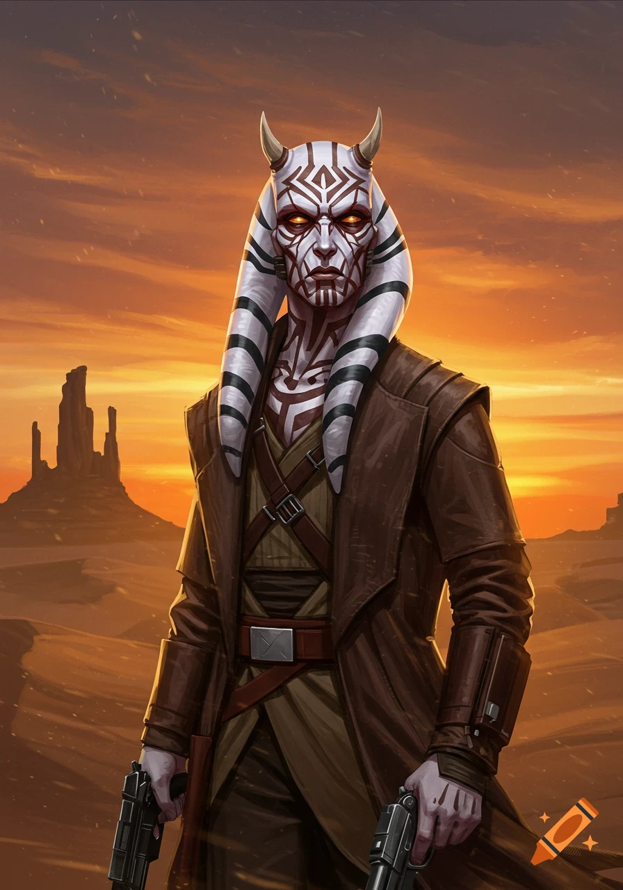 A horned alien character with white skin and red markings, wearing a brown coat, holds two blasters in a desert landscape at sunset, digital painting.