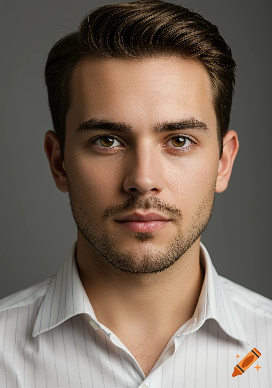 A close-up, photorealistic portrait of a young man with brown hair and a beard, wearing a striped white shirt.