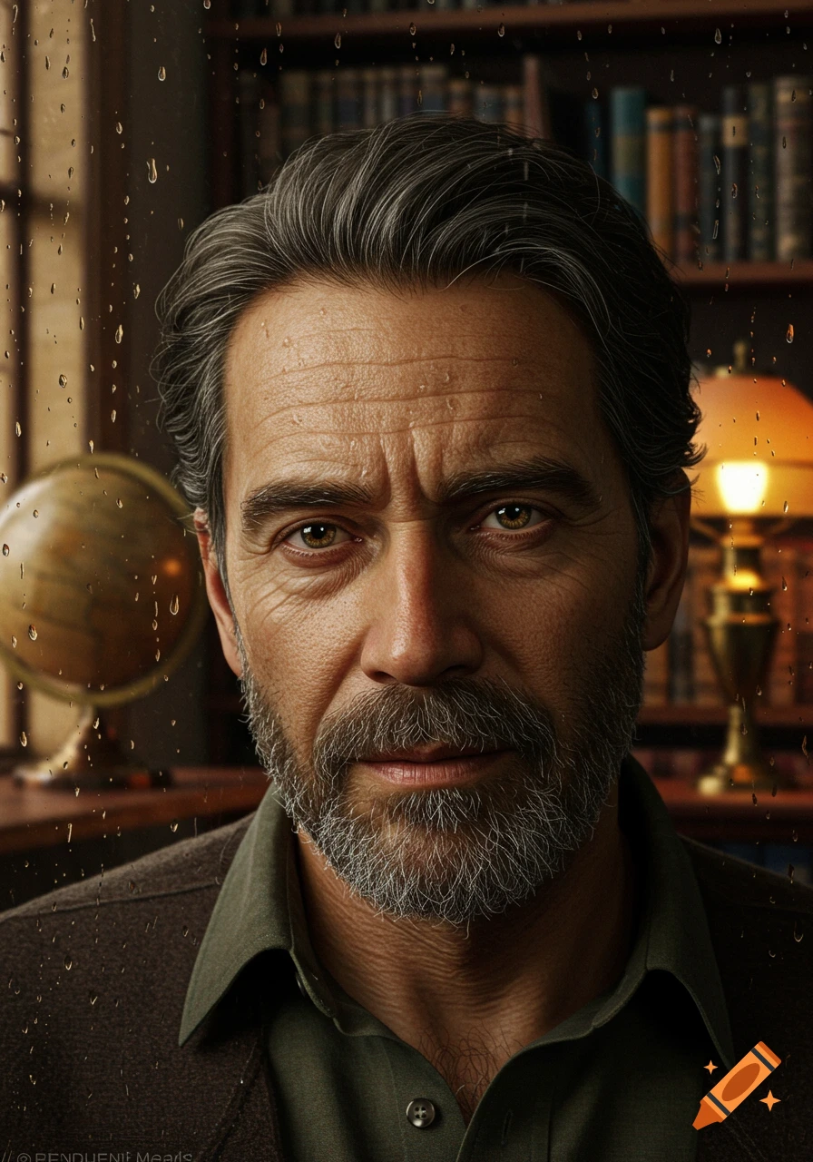 A photorealistic portrait of a serious-looking older man with grey hair and a beard, looking through a rain-streaked window.