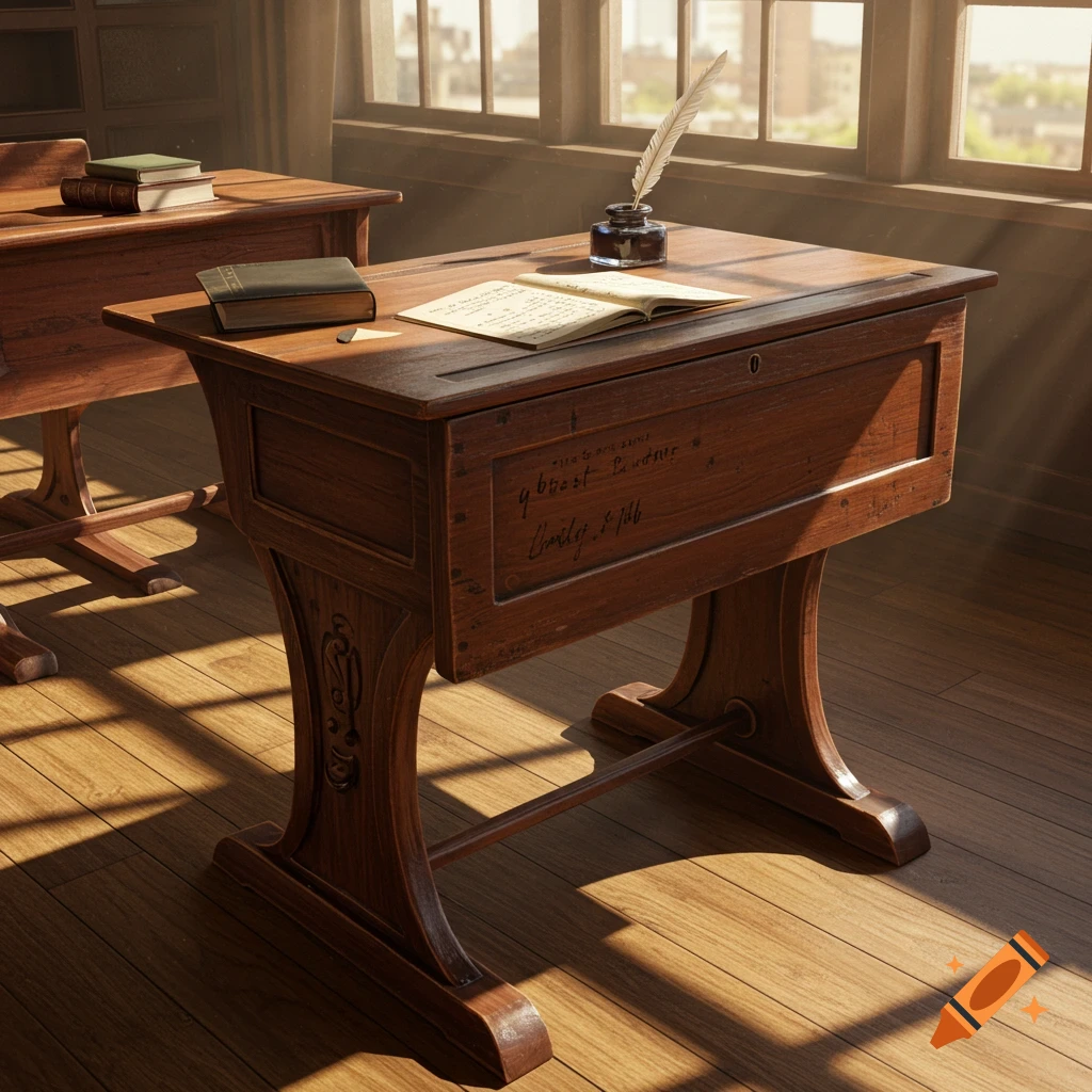 An old-fashioned wooden school desk with a quill, inkwell, and open book on top, bathed in sunlight from a window.