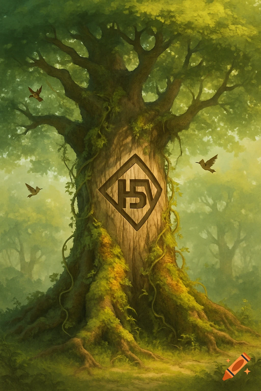 A large, ancient-looking tree with vibrant green foliage and moss-covered roots in a lush forest. A stylized 'HSV' logo is carved into its trunk. Three small birds fly around.