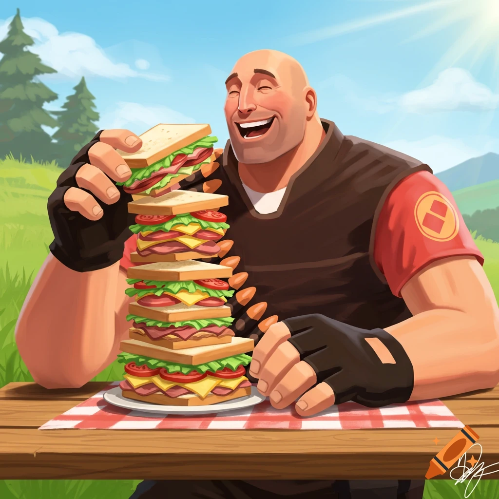 Heavy from TF2 happily eats a massive sandwich at a sunny outdoor picnic in a cartoon style.