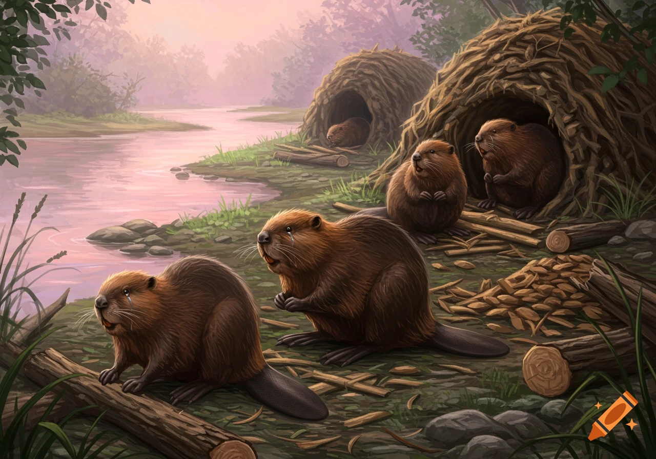 Several crying beavers stand by their dens at a pink-hued river in a detailed illustration.