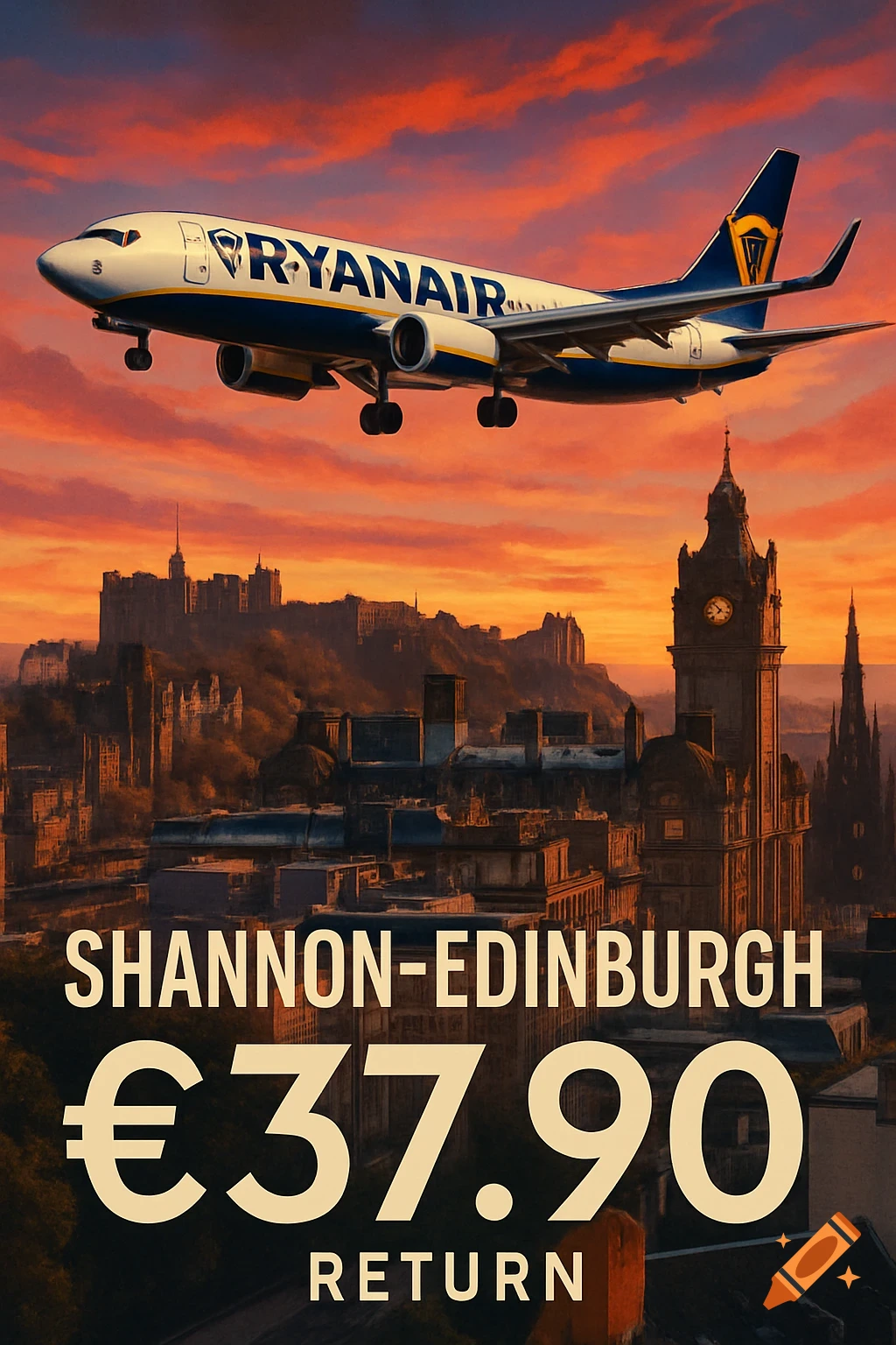A Ryanair plane flies over a stylized cityscape of Edinburgh at sunset, advertising a 'Shannon-Edinburgh 37.90 RETURN' flight.