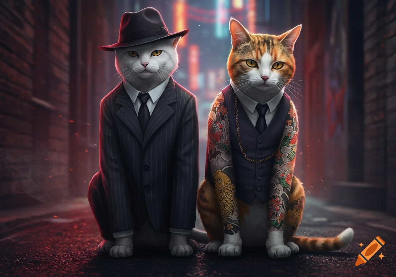 Two anthropomorphic cats dressed as gangsters, one white in a pinstripe suit and fedora, the other ginger with Japanese tattoos.