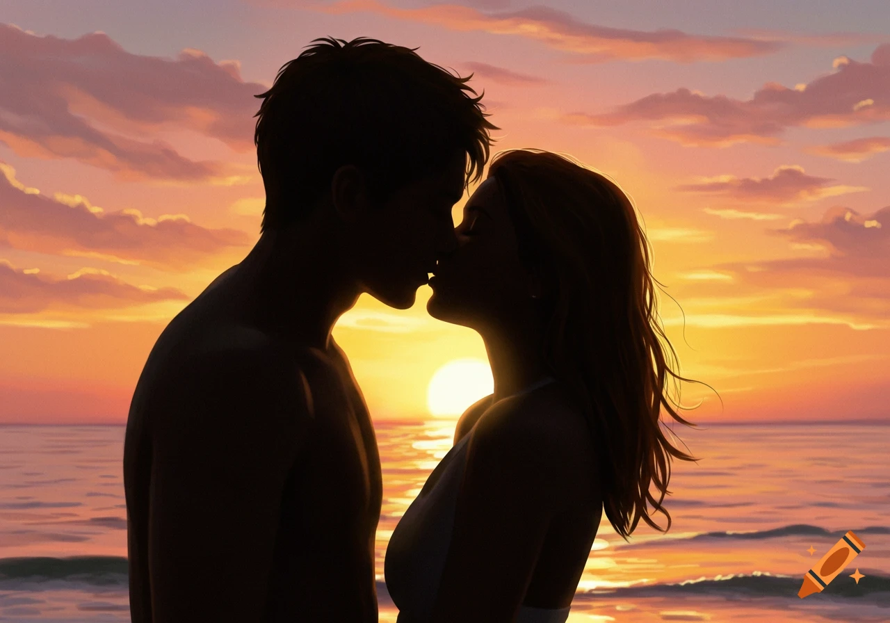 Silhouetted couple kissing on a beach at sunset with a vibrant orange and pink sky and calm ocean waves. Digital art.