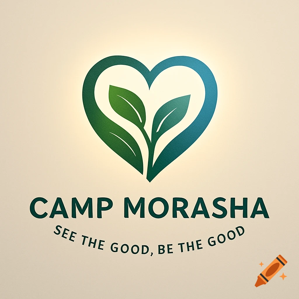 A logo featuring a green and blue heart with green leaves inside, above the text "CAMP MORASHA" and "SEE THE GOOD, BE THE GOOD" on a light background.