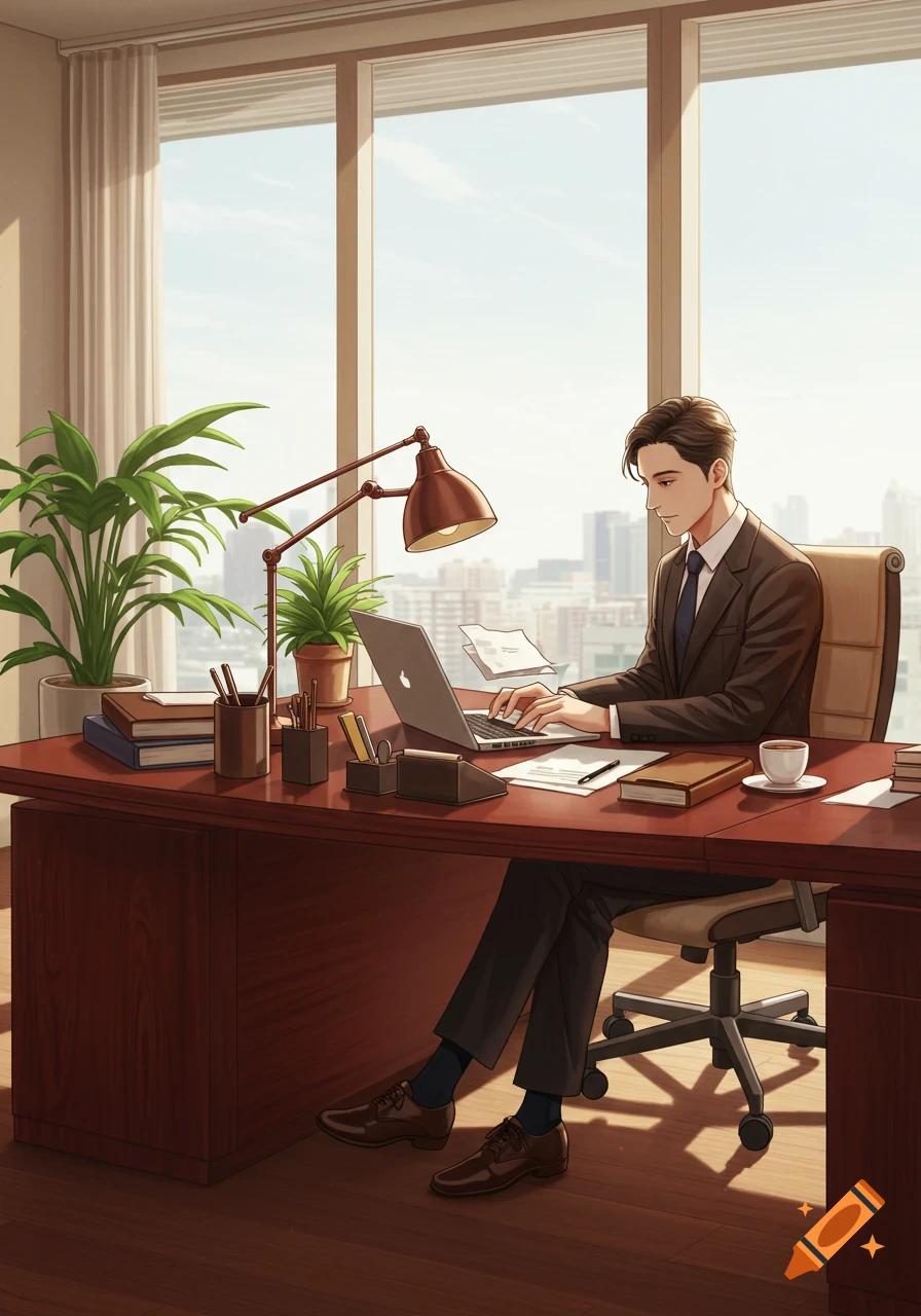 An anime-style man in a suit works on a laptop at a large desk in a sunny office with plants and a cityscape view.