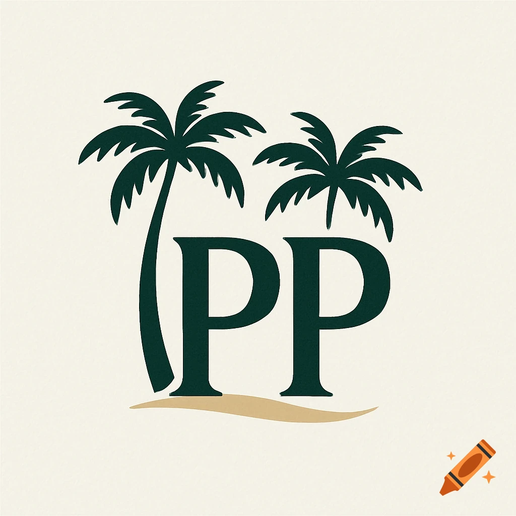 A stylized logo featuring two dark green palm trees behind two large dark green capital letters 'PP', all resting on a beige sandy curve against a light cream background.
