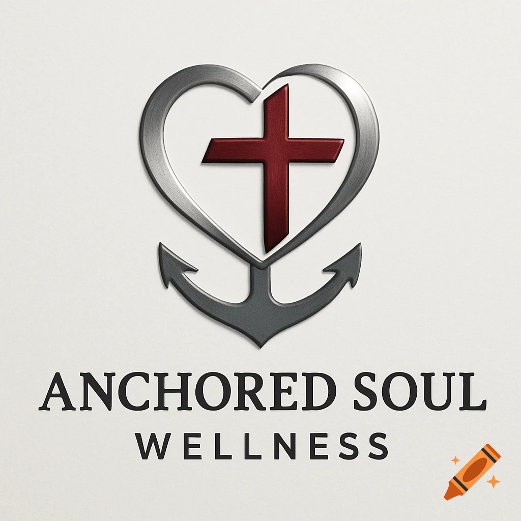 A logo featuring a silver heart with a red cross inside, resting on a gray anchor, above the words 'ANCHORED SOUL WELLNESS'.