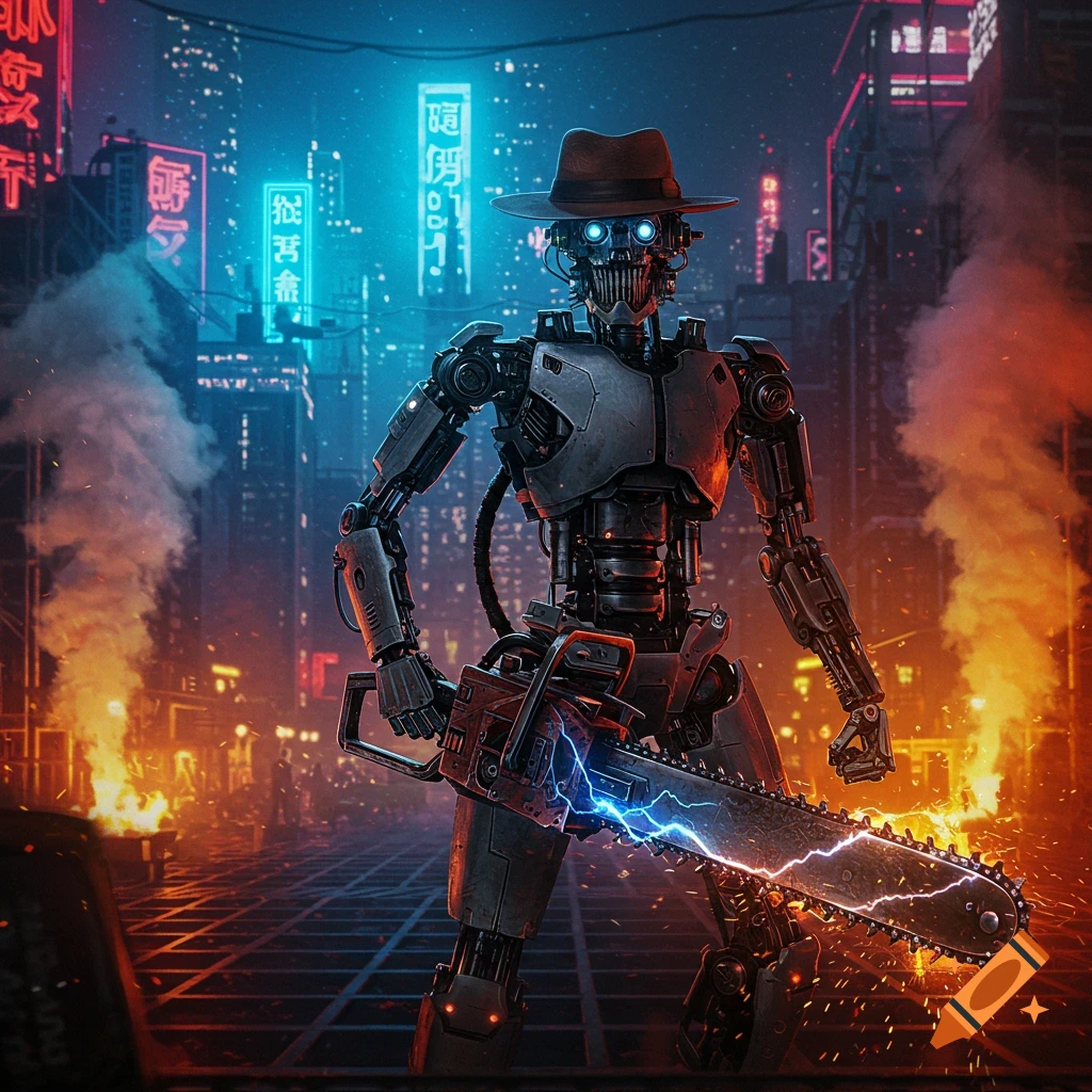 A cybernetic robot wearing a fedora hat stands in a futuristic, neon-lit city street with a glowing, electrified chainsaw. Smoke and fire are visible in the background.