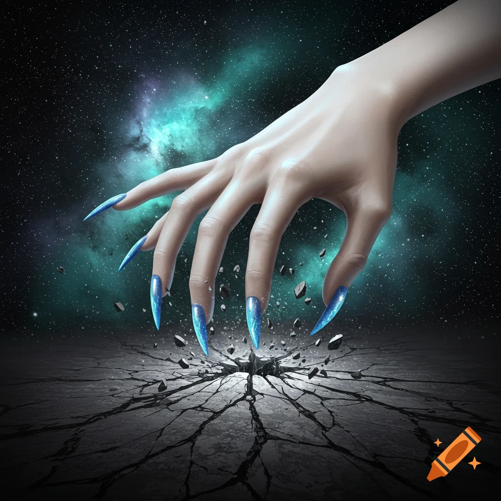 A hand with long blue pointy nails reaching down to crack the earth, set against a backdrop of space and stars.