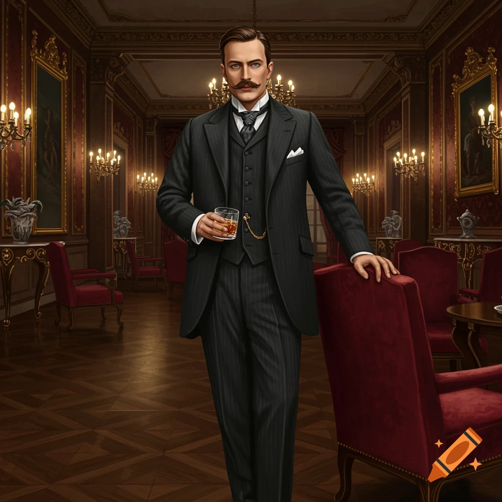 A dapper man with a mustache in a dark suit holds a drink in a luxurious, ornate room.