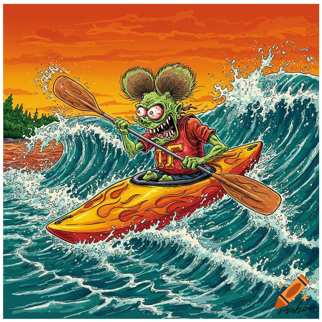 A green, monstrous Rat Fink-style character with large red eyes and sharp teeth, paddles a yellow and red kayak with flames through a large blue wave. The background is an orange sunset and distant trees.