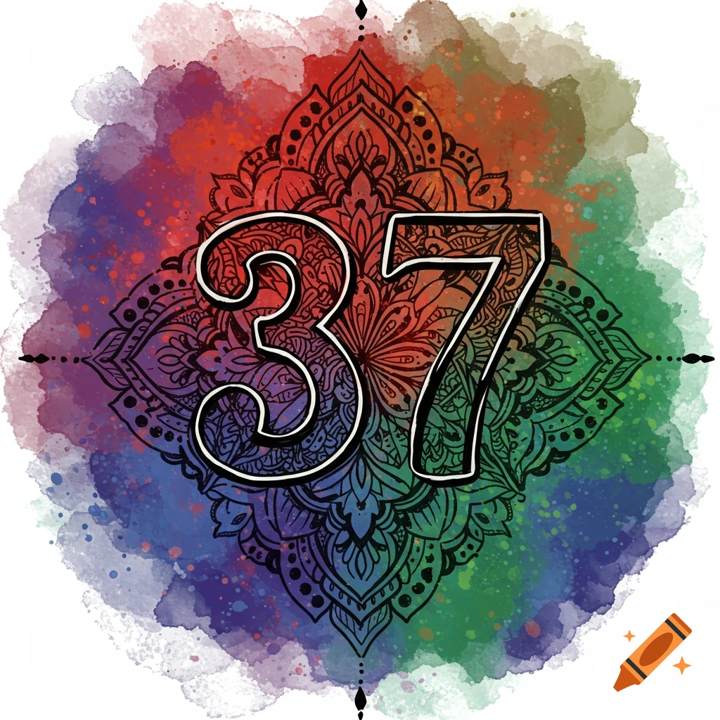 The number 37 in white outline with black fill, placed over a colorful watercolor mandala with intricate black line patterns.