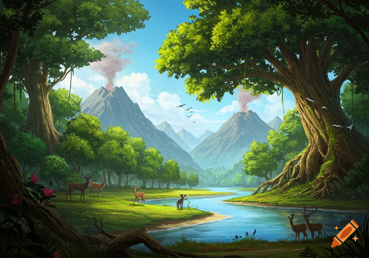 Lush fantasy landscape with a winding river, verdant trees, distant volcanoes, and deer grazing in a sunlit meadow.