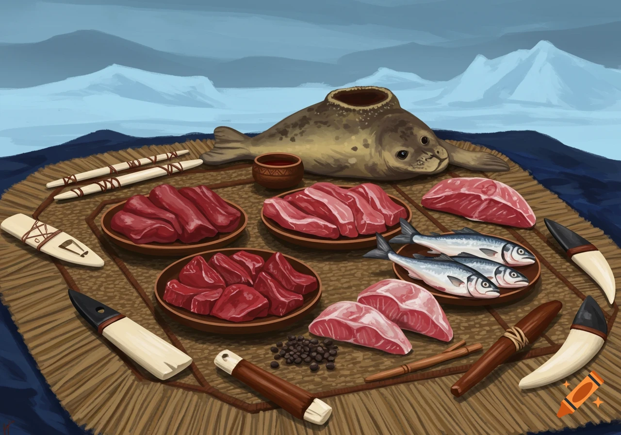 Painterly illustration of raw meat, fish, and a prepared seal on a mat, set against an arctic landscape.