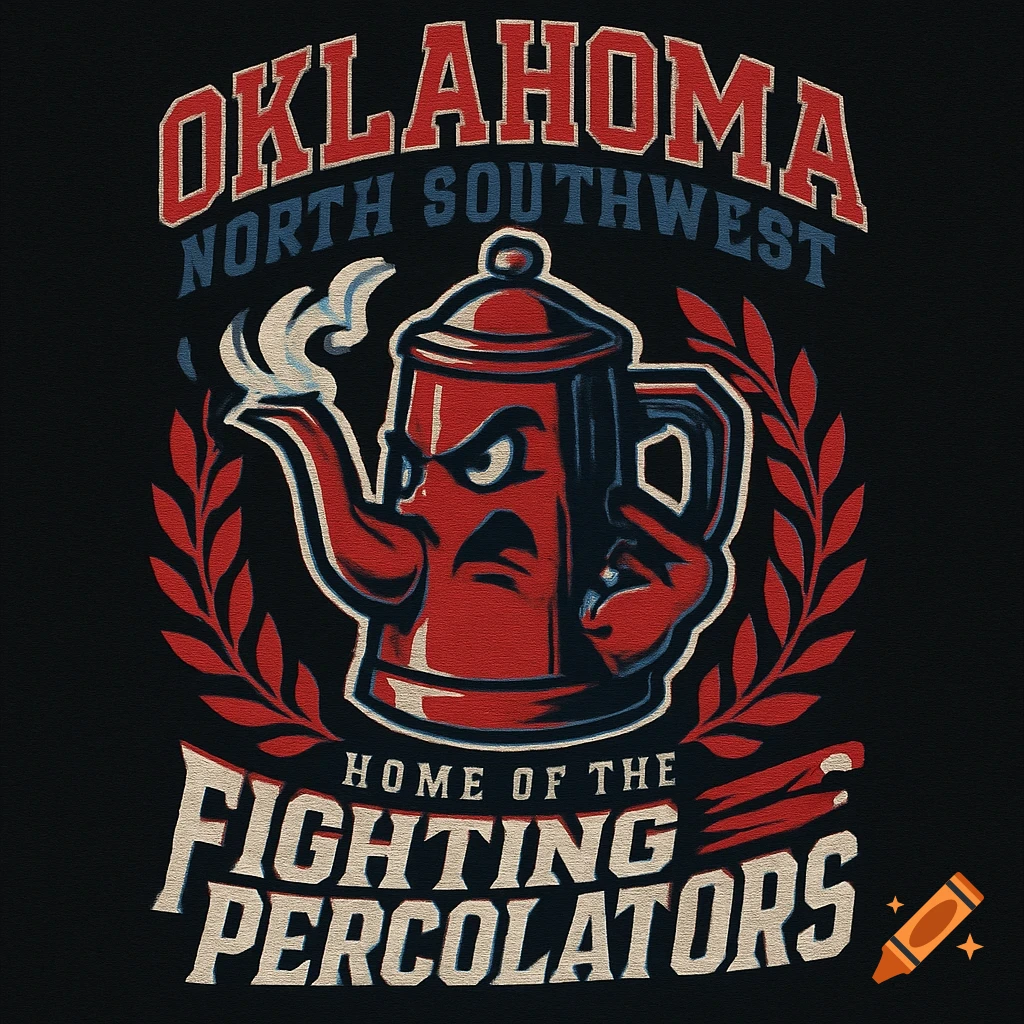 A vintage-style t-shirt design for "Oklahoma North Southwest Home of the Fighting Percolators" with an angry coffee percolator and laurel wreath.
